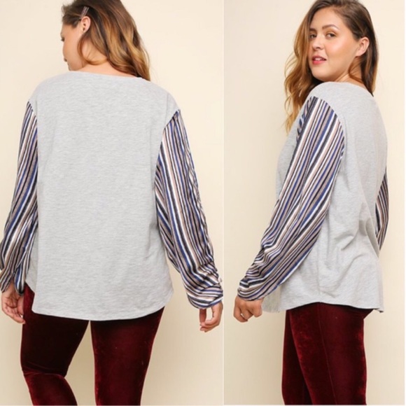 Umgee Solid Knit Top w/ Striped Sleeves, Plus - Picture 6 of 8